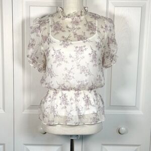 Sugar + Lips Floral Ruffle Mock Neck Smocked Blouse Cream Purple S